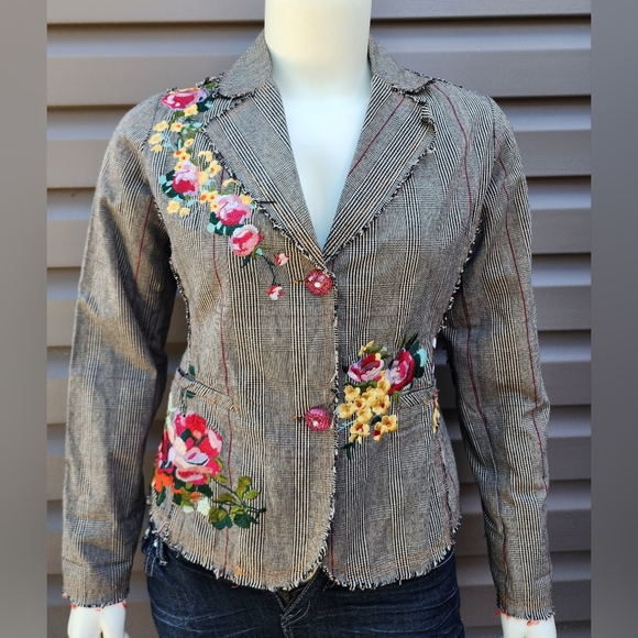 entity Jackets & Blazers - ENTITY Womens Tweed Floral Embroidered Blazer Jacket Frayed Boho Size XL